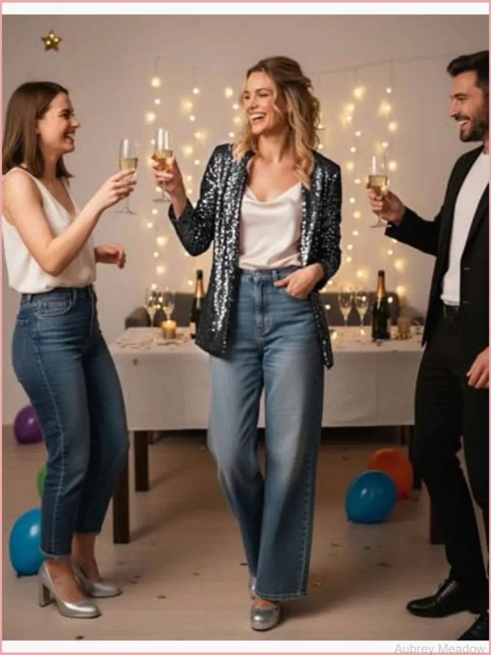 Sequin Open Front Blazer Jacket Long Sleeve Sparkly Cardigan Coat with Pockets